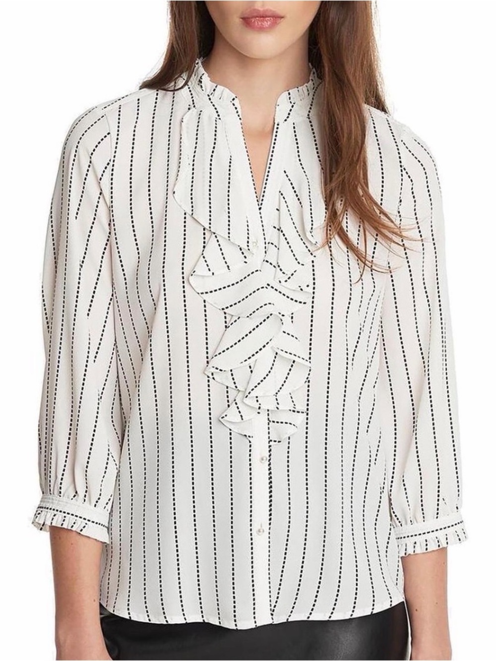 Karl Lagerfeld Size XL White Blouse with Black Pinstripes and Ruffle Front EUC